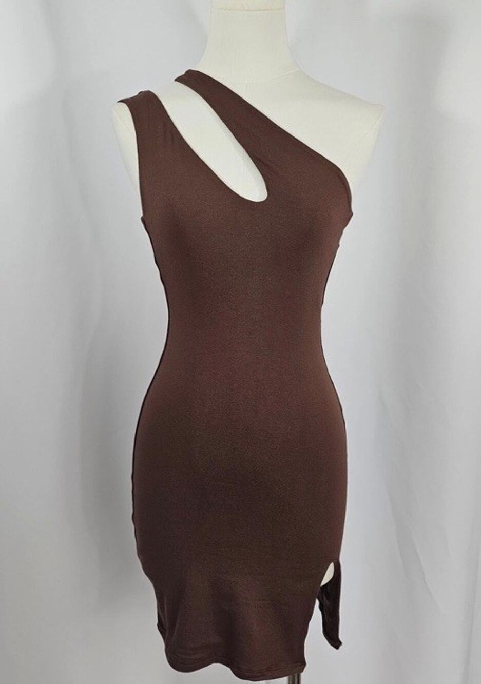 Sz Small  Fashion Nova Trendy Brown Stretch Double Lined Viscose Short Dress